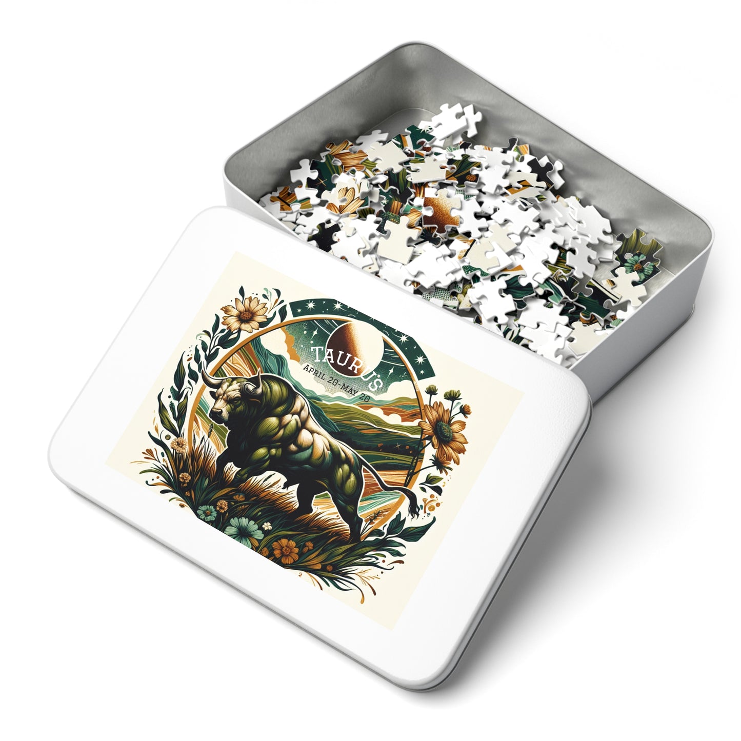 Botanical Taurus Jigsaw Puzzle with Tin - Relaxing Gift for Puzzle Lovers